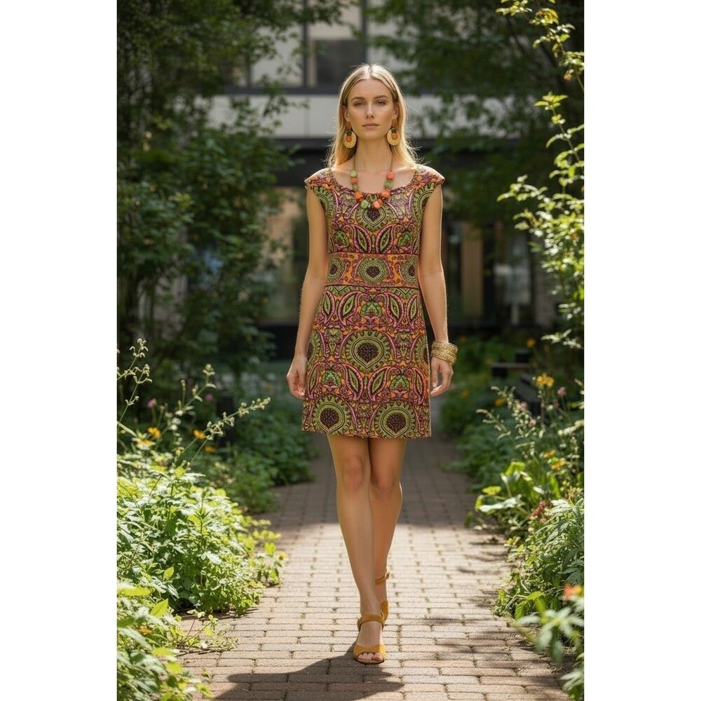 Milly of New York Sz 4 Silk Dress Sleeveless Retro Geometric Tribal Eclectic